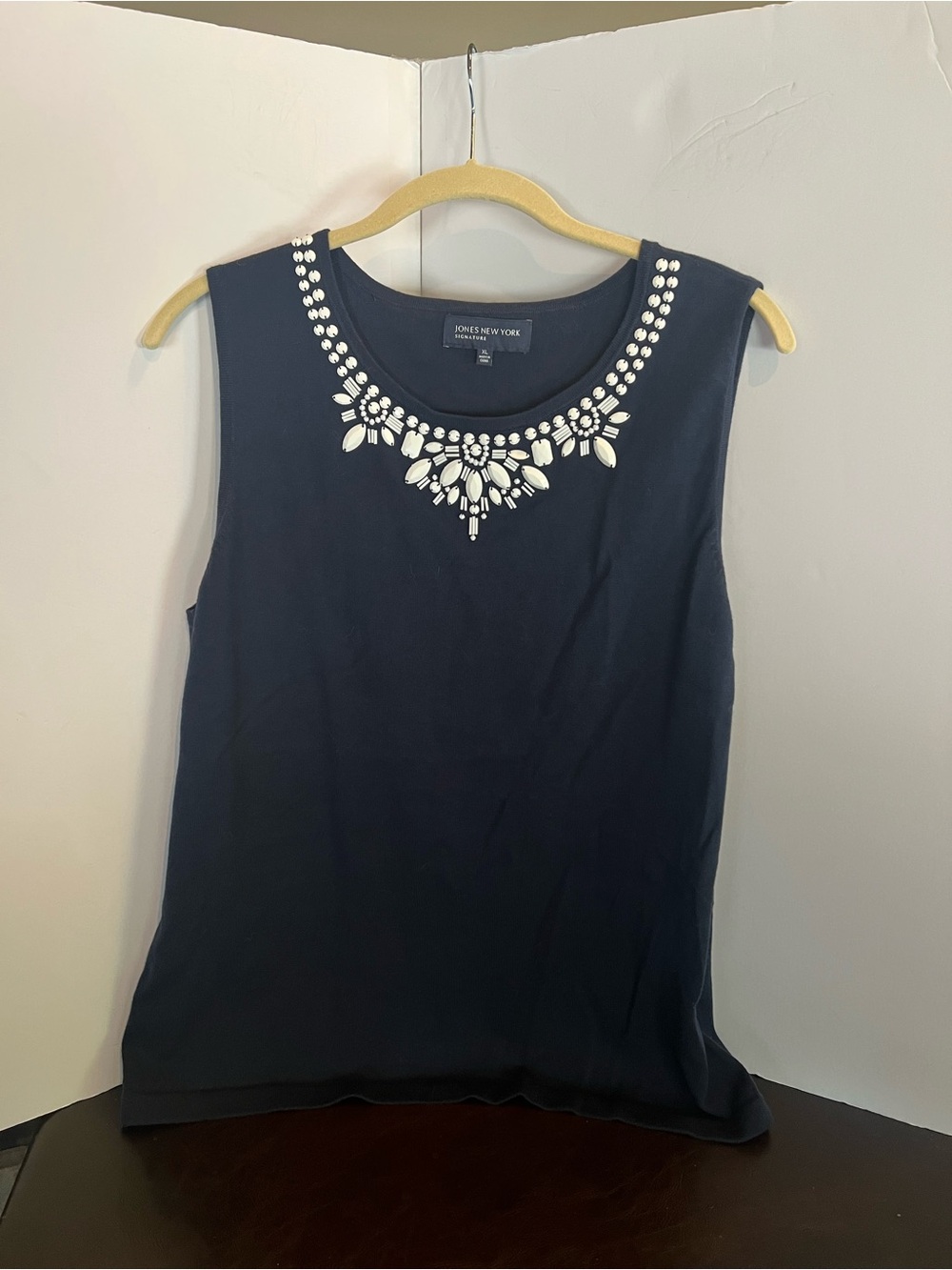 Jones New York Navy Jewel-Embellished Sleeveless Tank